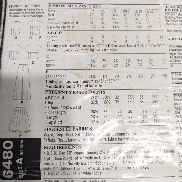 NewLook 6480 Size A 3/4-13/14 for Juniors Corset Top Pattern ONLY - Picture 3 of 3